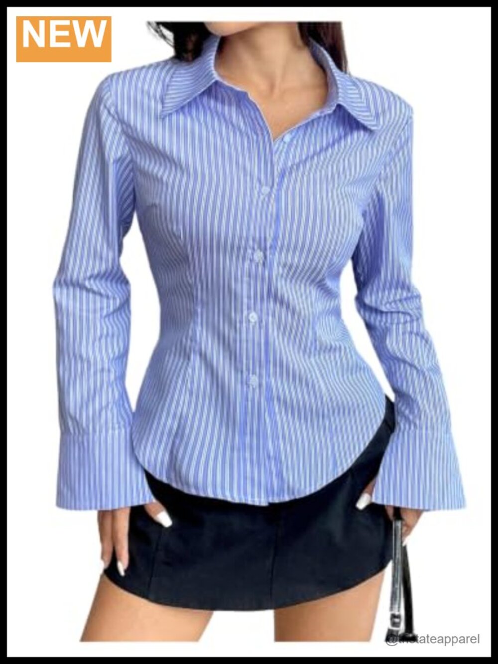 Women's Striped Long Sleeve Button Down Blouse Collared Cinched Waist